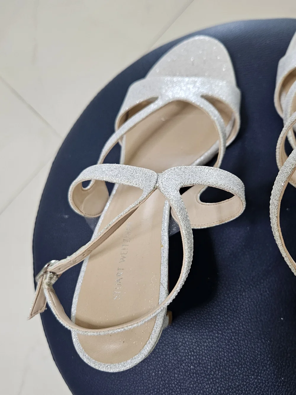 Stuart Weitzman Silver Glitter Strappy Sandals, Size 8